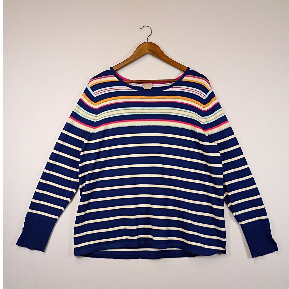 Coastal Nautical Chico's Womens Size 3 XL Blue White Striped Metallic Sweater